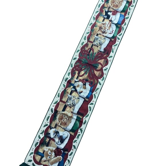 Whimsical Cozy Cats Christmas Tapestry Table Runner Kittens 13x73 Made In USA - Picture 2 of 11